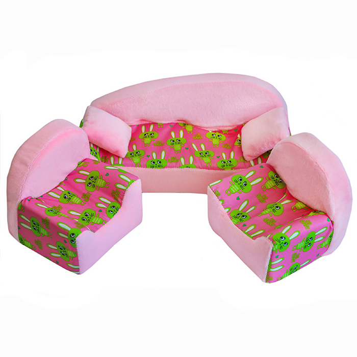 Мебель мягк. Диван+2 кресла+2подушки Кролики розовые с розовым плюшем НМ-002/2-31