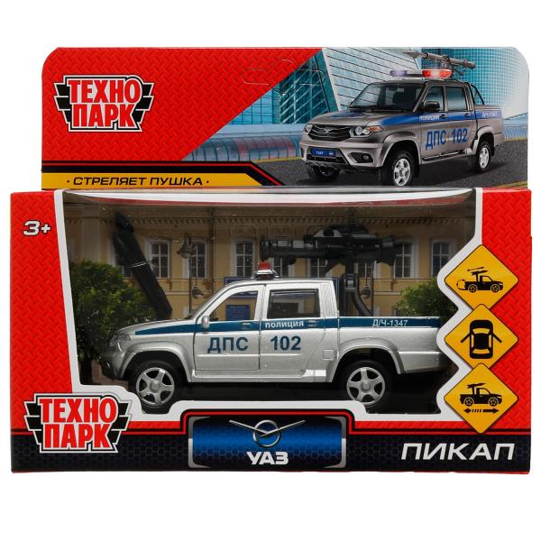 Машина металл UAZ PICKUP ПОЛИЦИЯ С ПУШКОЙ 12 см, двер, багаж, инерц, кор. Технопарк PICKUP-12POL-CAN