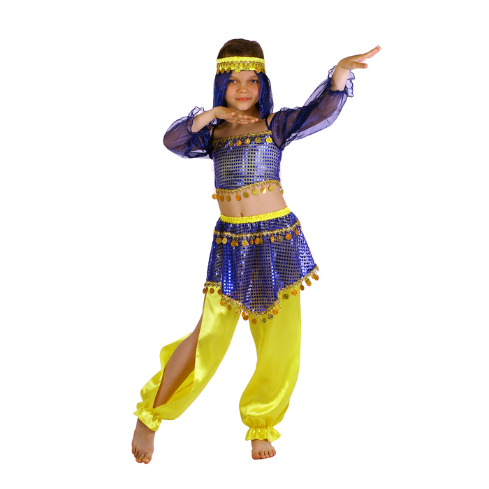 Восточная красавица Шахеризада сине-желтая повязка, топ с рукавами, штаны р- 28 рост 9   2466269