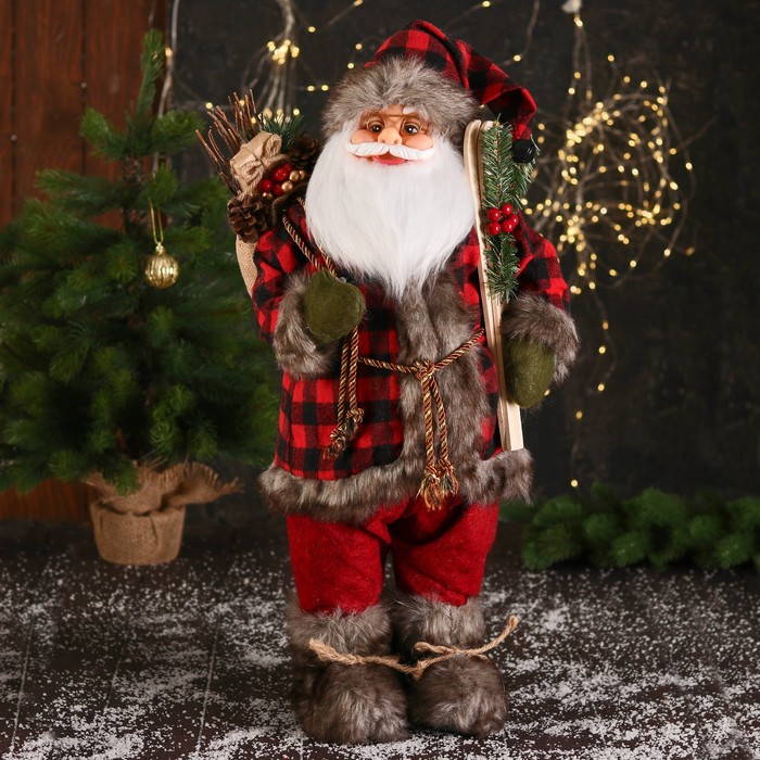 Дед Мороз В красной клетчатой шубке, с фонариком и веточками 35х60 см   6938360 (Вид 1)