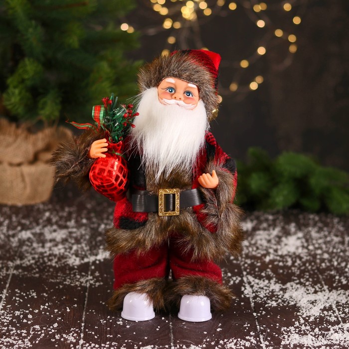 Дед Мороз В меховом красном костюмчике, с мешком двигается, 11х30 см 6938376
