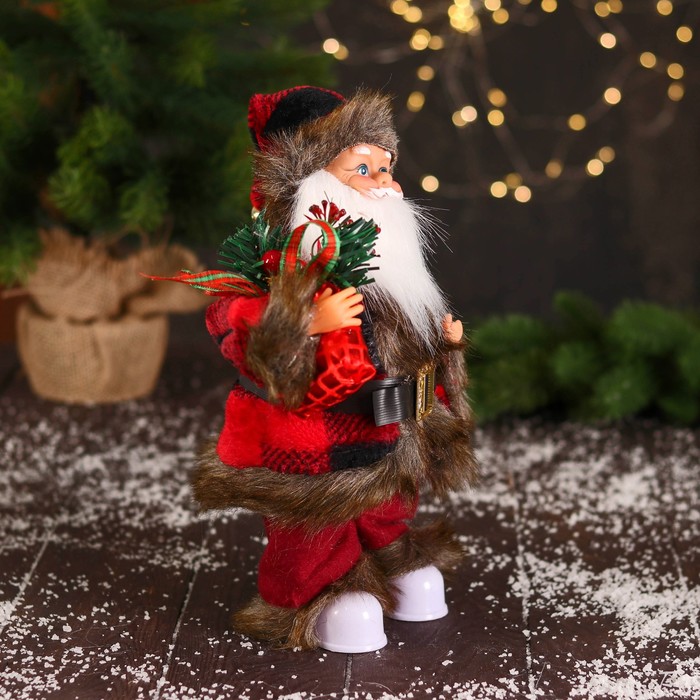 Дед Мороз В меховом красном костюмчике, с мешком двигается, 11х30 см 6938376 (Вид 2)