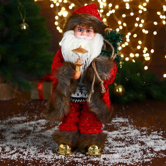 Дед Мороз В свитере и шубке с коричневым мехом двигается, фонарь светится, 15х35 см   6938390