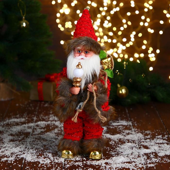 Дед Мороз В свитере и шубке с коричневым мехом двигается, лампа светится, 15х30 см   6938391