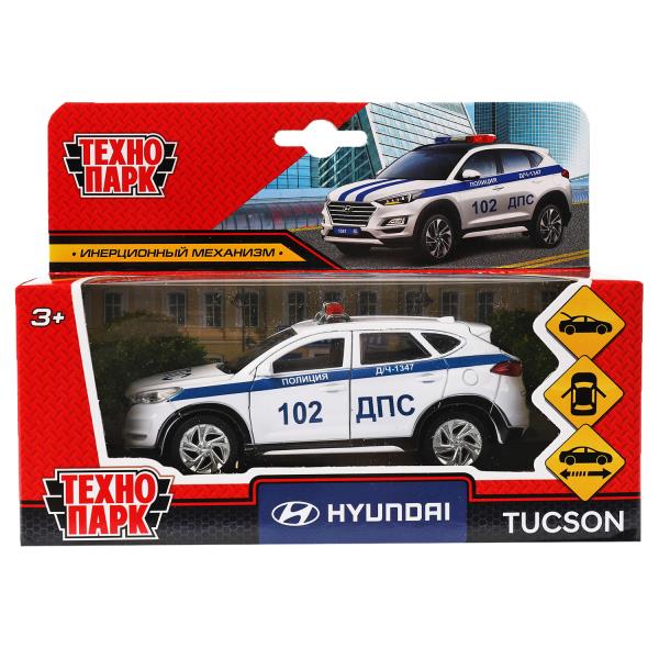 Машина металл HYUNDAI TUCSON ПОЛИЦИЯ, 12см, двери, багаж., инер, белый, кор. Технопарк в кор.2*36шт