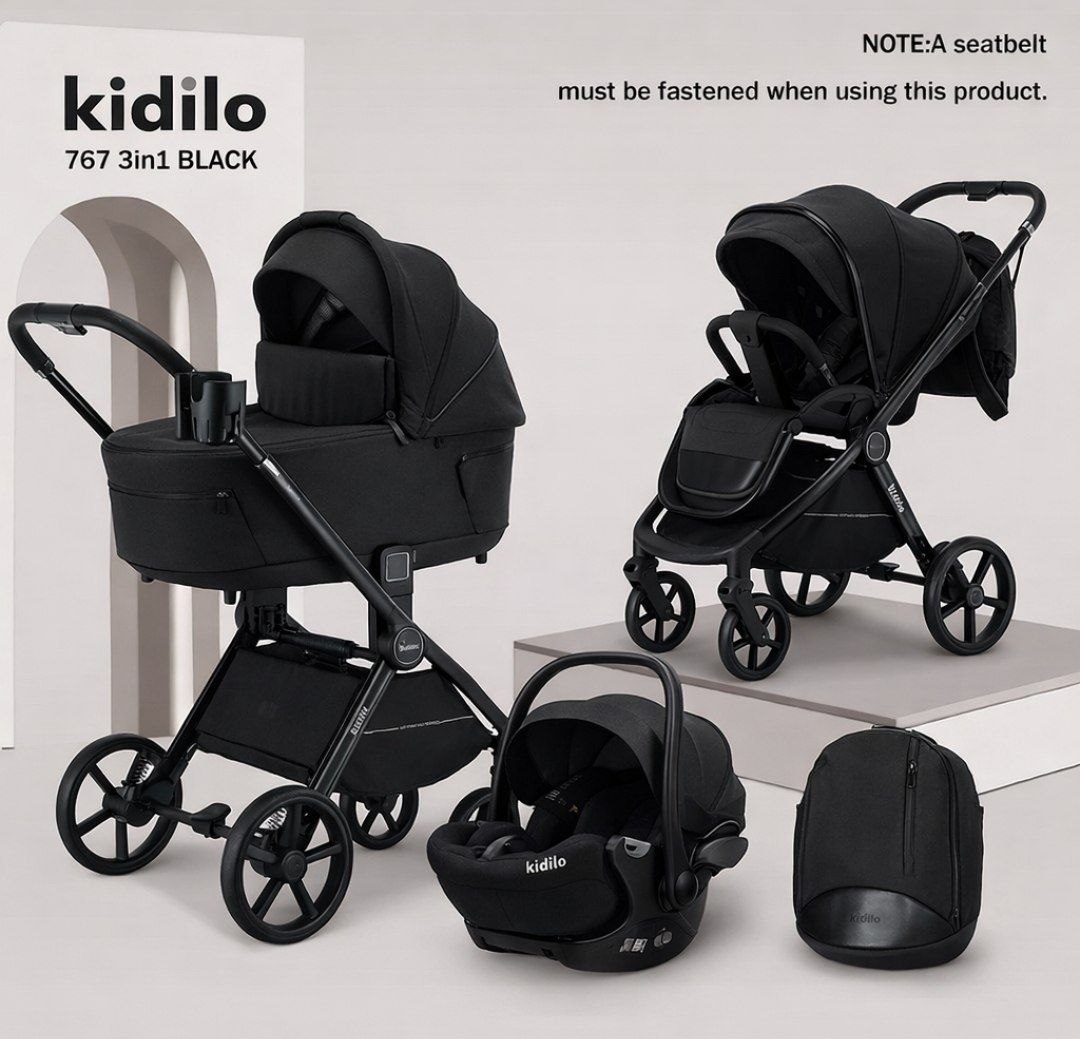 Детская коляска, цвет BLACK арт.767  3в 1