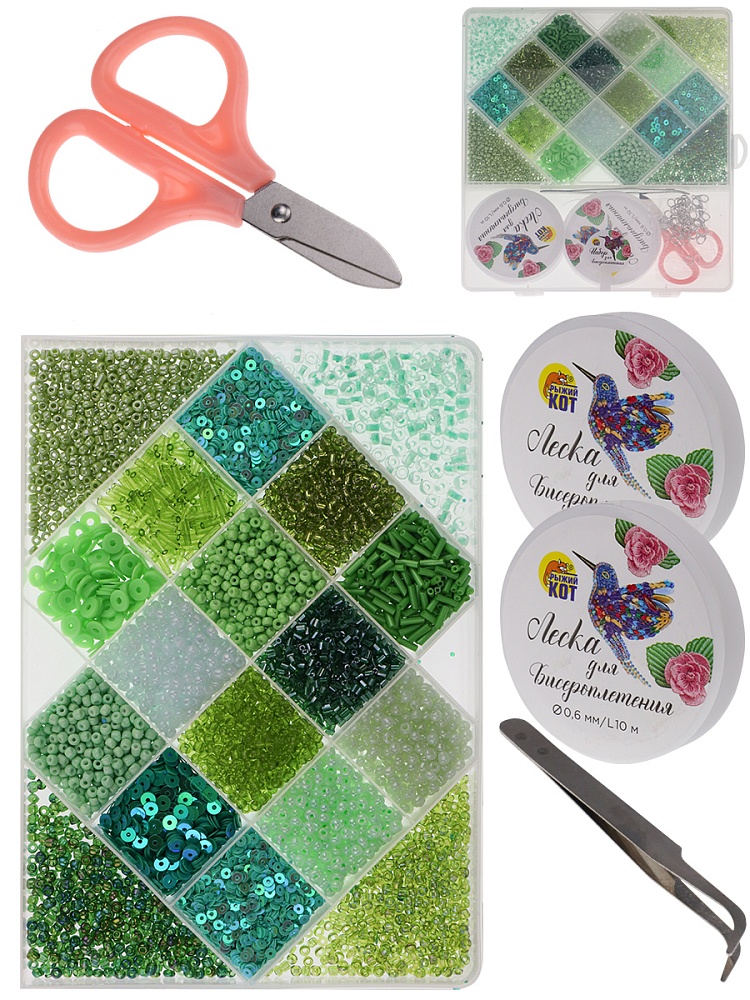 Набор для бисероплетения (19,5х18см, 18 видов бисера, в боксе) зеленый (арт. БИС-8387)