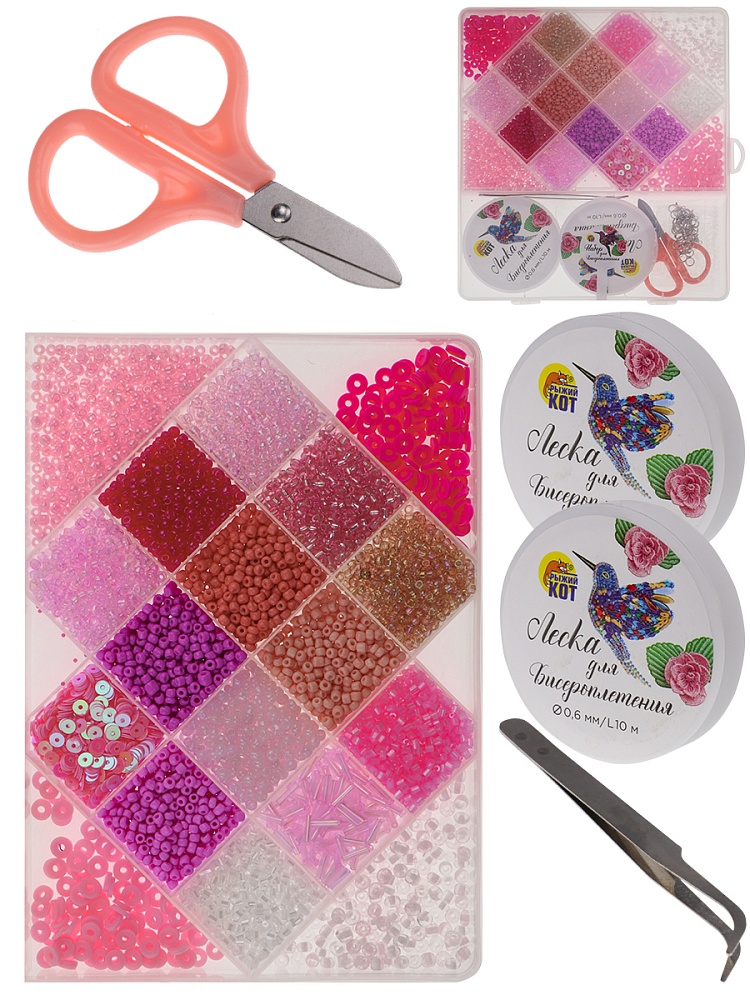 Набор для бисероплетения (19,5х18см, 18 видов бисера, в боксе) розовый (арт. БИС-8391)