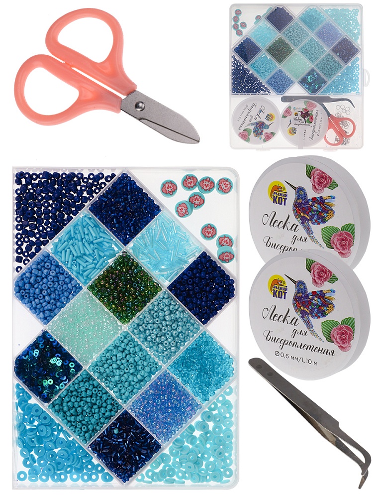 Набор для бисероплетения (19,5х18см, 18 видов бисера, в боксе) синий (арт. БИС-8389)