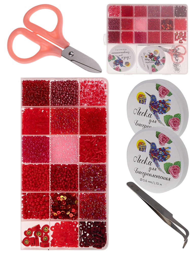 Набор для бисероплетения (19х17см, 18 видов бисера, в боксе) красный (арт. БИС-8375)