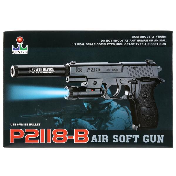 Пистолет с глушителем, с фонарем P2118-B в кор. 1B00115