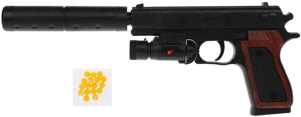Пистолет мех., в комплекте: пули полимерные пакет 1шт., глушитель, фонарь, тестовые эл.пит. LR1130/A