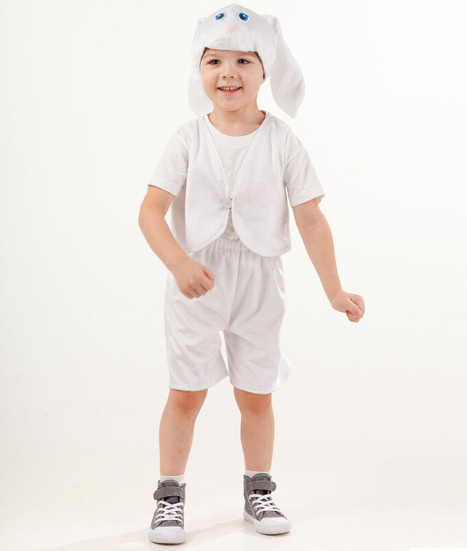 4005 к-18 Карнавальный костюм Заяц белый Ваня (жилет, шорты, шапка) размер 128-64