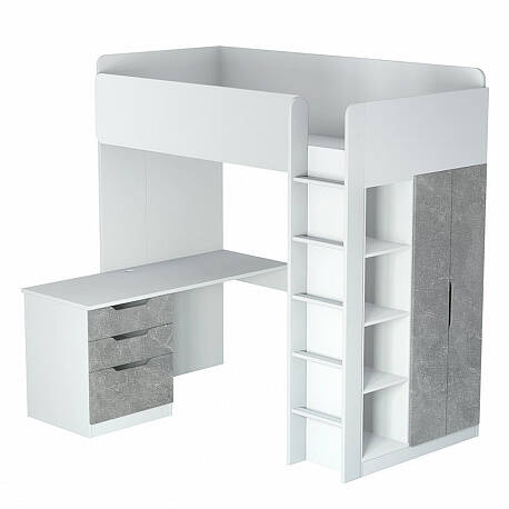 Кровать-чердак Polini kids Simple с письменным столом и шкафом, белый-бетон