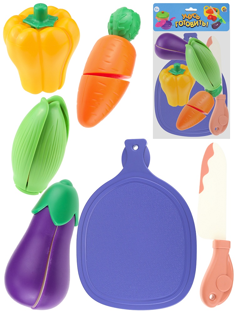Набор фруктов и овощей для резки (6 предметов, синяя доска, розовый нож, в пакете) (Арт.И-4263)
