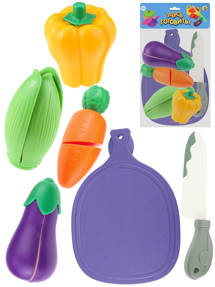 Набор фруктов и овощей для резки (6 предметов, фиолетовая доска, зеленый нож, в пакете) (Арт.И-4264)