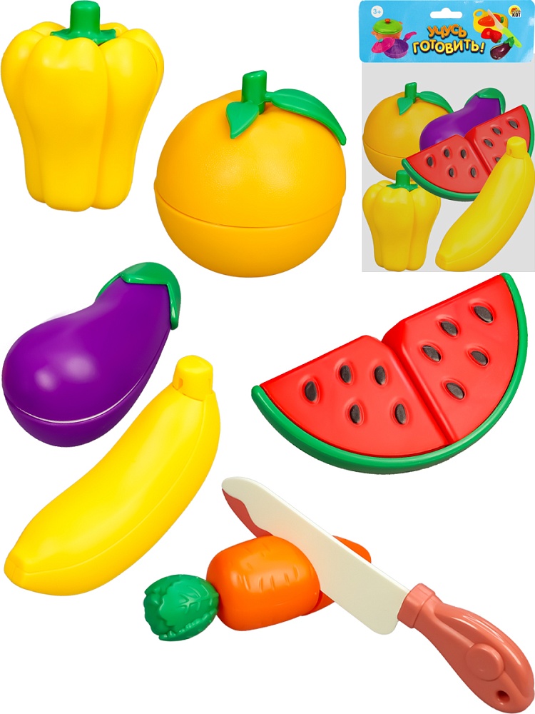 Набор фруктов и овощей для резки (7 предметов, розовый нож, в пакете) (Арт. И-4275)