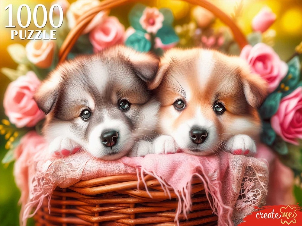 ПАЗЛЫ 1000 элементов. ДВА ЩЕНКА В КОРЗИНЕ  (арт.ХП1000-8277)