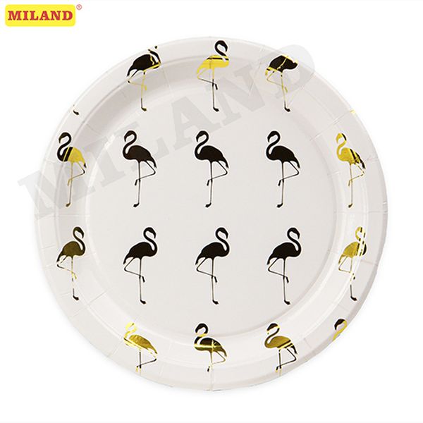 Бумажные тарелки с  серебряным тиснением   Фламинго,18 см,6 шт СП-0274 (Вид 1)