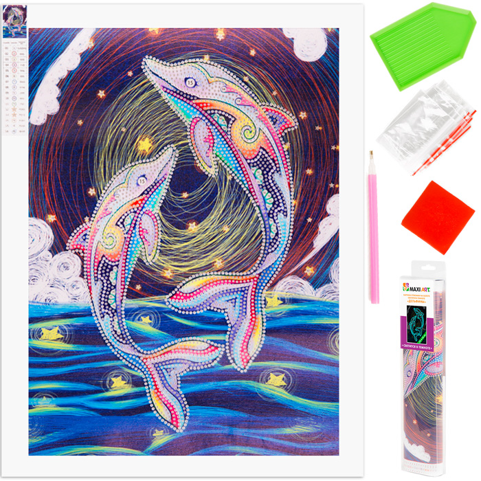 Набор ДТ Картина Стразами на Холсте Светится в Темноте Дельфины 25х35см MA-KN0101-7