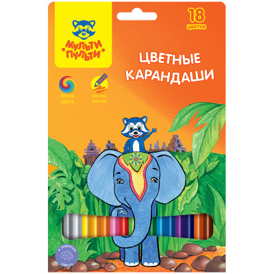 Карандаши цветные Мульти-Пульти Енот в Индии, 18цв., заточен., картон, европодвес
