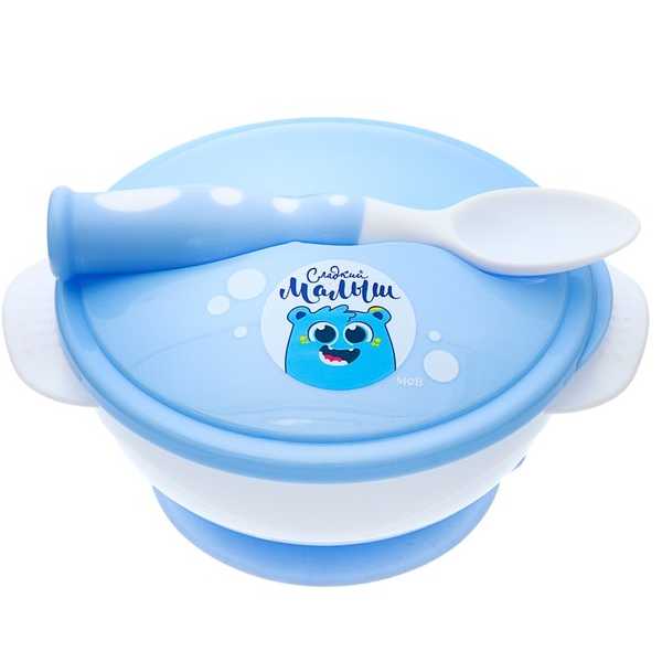 Набор тарелка с ложкой Сладкий малыш на присоске, цвет голубой   3630403