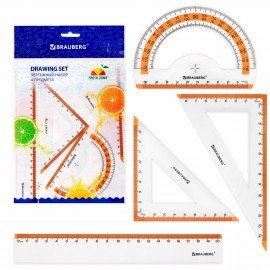 Набор чертежный средний BRAUBERG (линейка 20см, 2 треуг., трансп), оранж. шкала, 210763