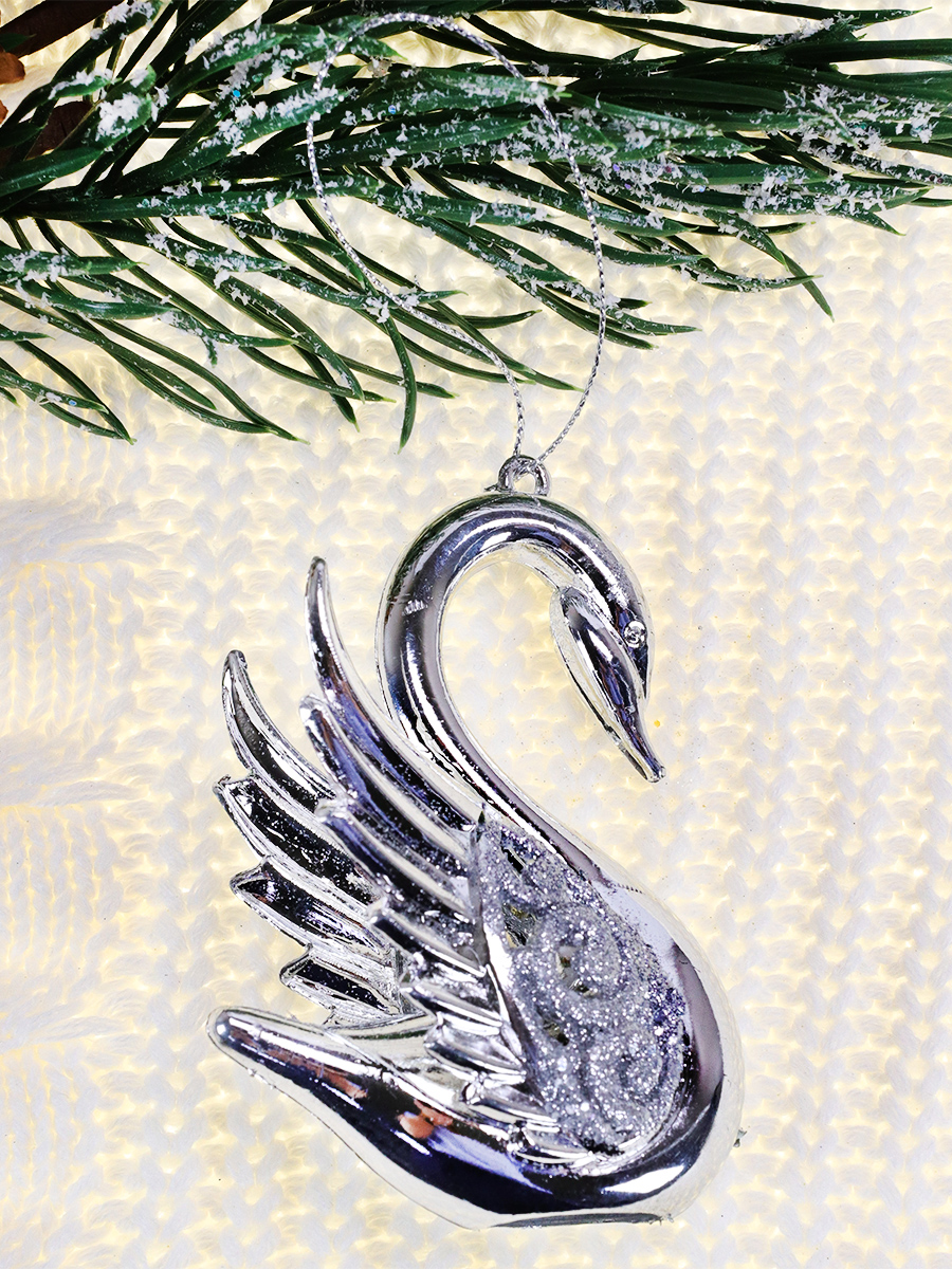 Новогоднее подвесное украшение  Лебедь, серебряный 10*8 см  НУ-5090 (Вид 1)