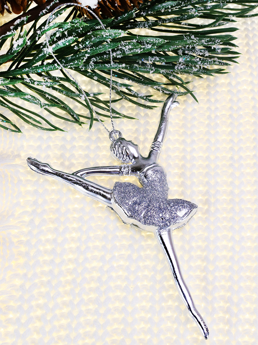 Новогоднее подвесное украшение  Изящная балерина, серебряная 14*5 см  НУ-5096 (Вид 1)