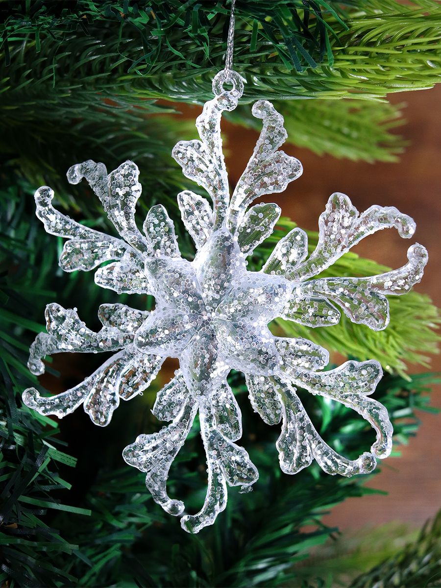 Новогоднее подвесное украшение Красивая снежинка, серебряная 12 см  НУ-5110 (Вид 1)