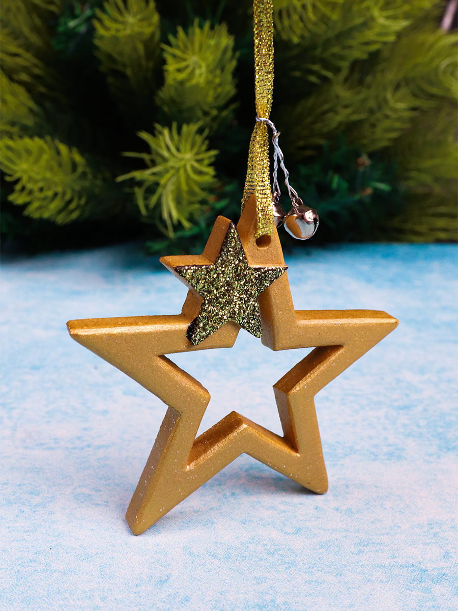 Новогоднее подвесное украшение Стильная звезда, золотая 8,8 см  НУ-5027 (Вид 1)