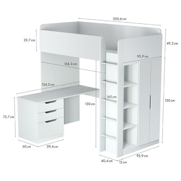 Кровать-чердак Polini kids Simple с письменным столом и шкафом, белый (Вид 1)