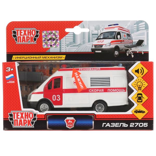 Машина металл свет+звук ГАЗЕЛЬ РЕАНИМАЦИЯ, 13 см, двери, баг., инерц., кор. Технопарк CT-1276-1