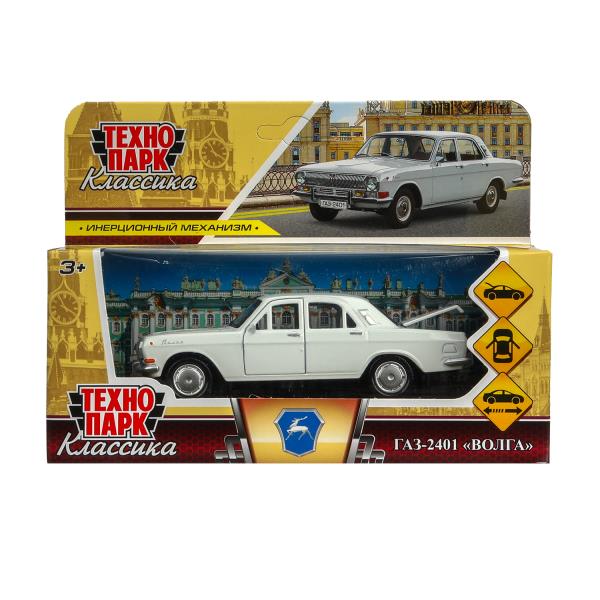 Машина металл ГАЗ-2401 ВОЛГА длина 12 см, двери, багаж, инерц, белый, кор. Технопарк 2401-12-WH-WOD