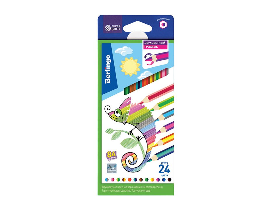 Карандаши с двухцветным грифелем Berlingo SuperSoft. 2in1, 12шт., 24цв., картон., европодвес