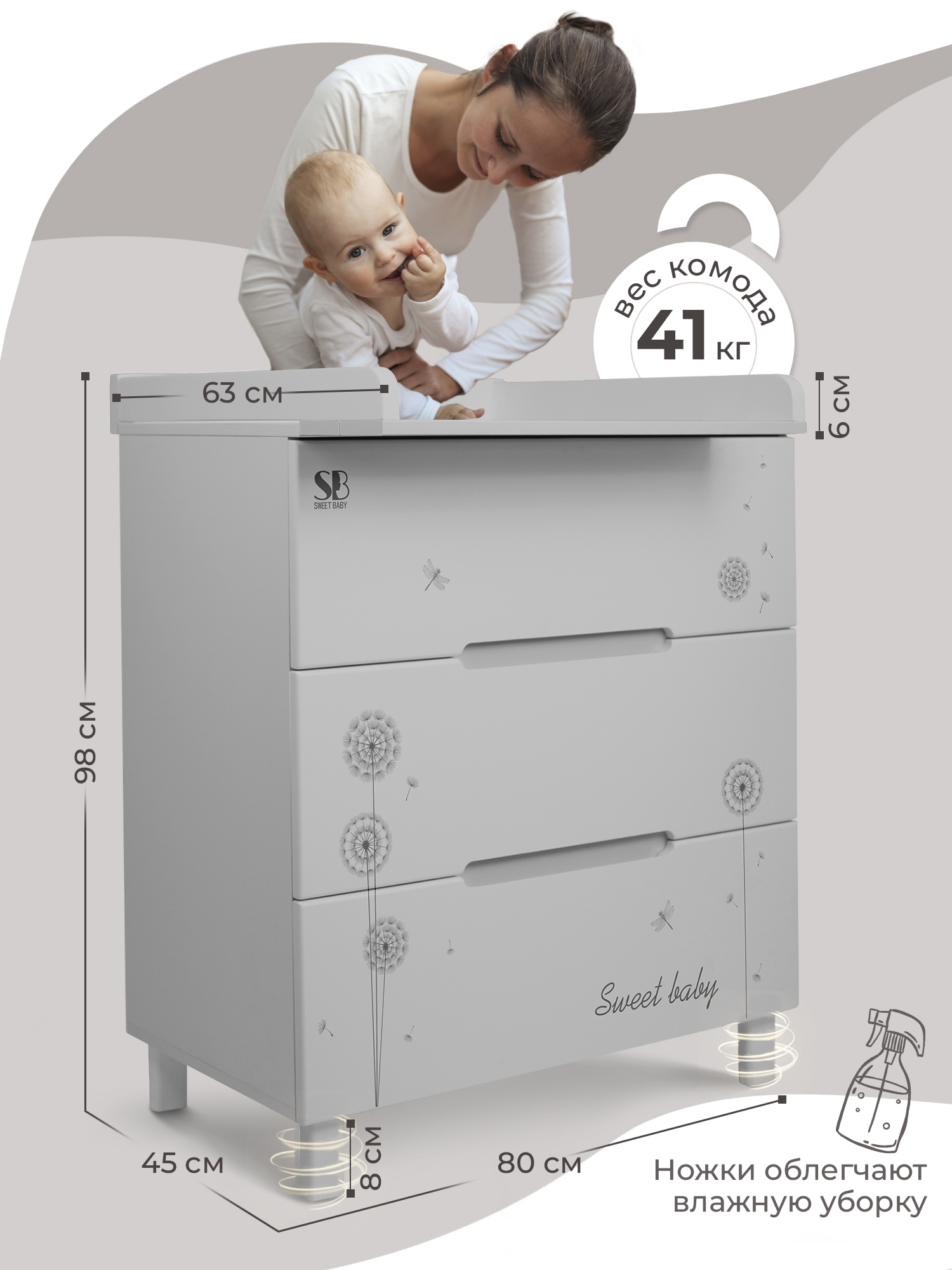 Пеленальный комод Sweet Baby Arte серый/одуванчик