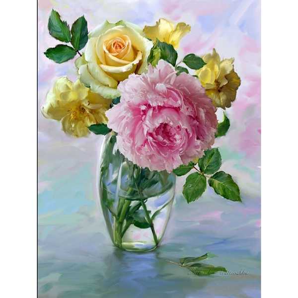 Картина по номерам  Пион и желтые розы, 40х50 см