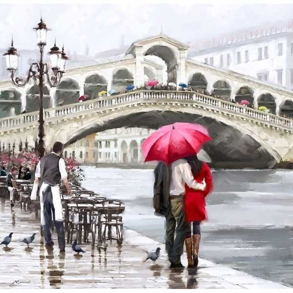 Алмазная мозаика на подрамнике Влюбленные у моста в Венеции,   40х50 см