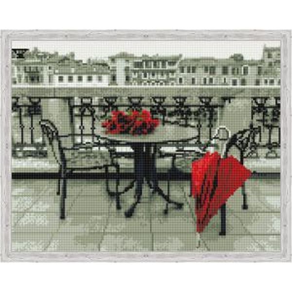 Алмазная мозаика на подрамнике Красный зонт и розы,  40х50 см