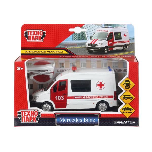 Машина металл MERCEDES-BENZ SPRINTER СКОРАЯ длина 14 см, двери, кор. Технопарк SPRINTERVAN-14AMB-WH