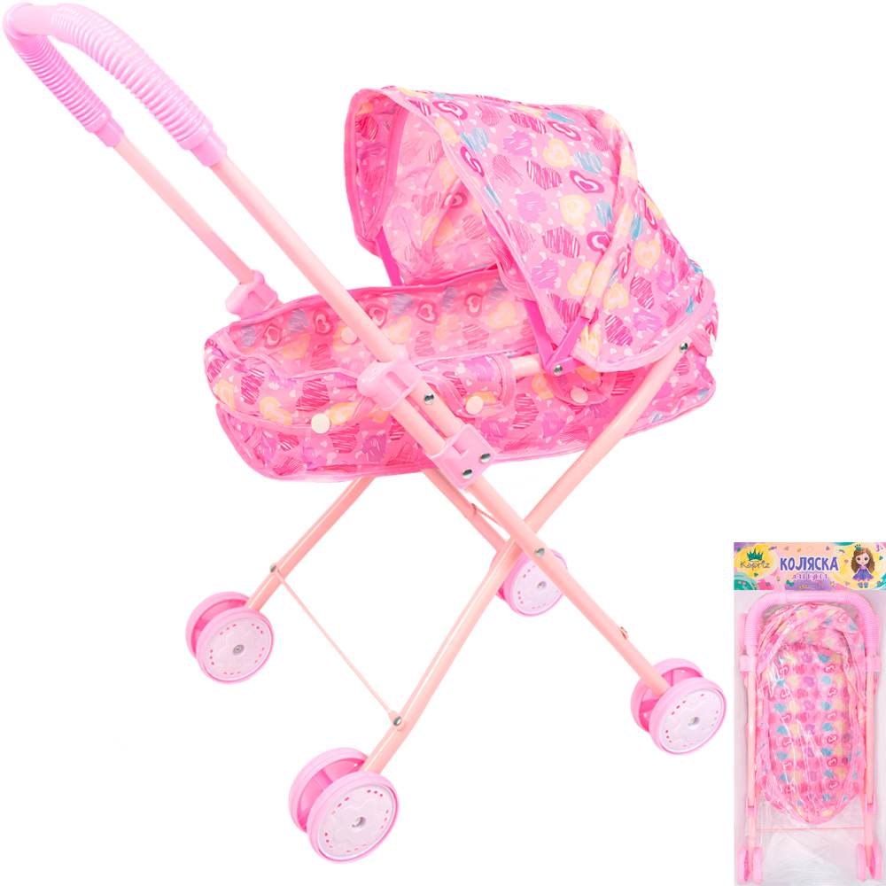 Коляска д/куклы Miss Kapriz MK336-4A Сердечки на розовом в пак.