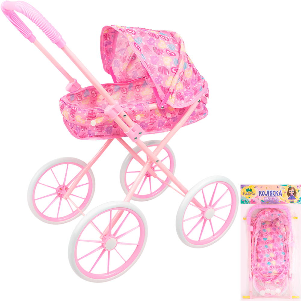 Коляска д/куклы Miss Kapriz MKD15A Сердечки на розовом, большие колеса в пак.