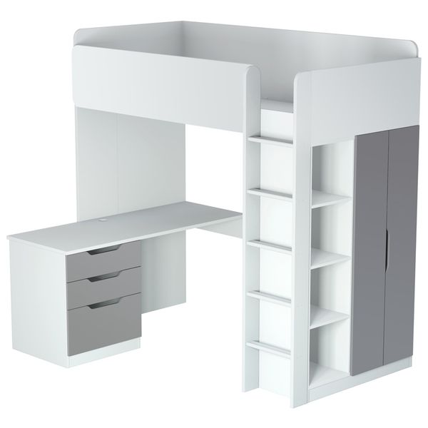 Кровать-чердак Polini kids Simple с письменным столом и шкафом, белый-серый (Вид 1)