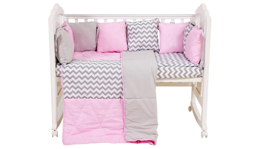 Комплект в кроватку Polini kids Зигзаг 5 предметов, 120х60, серо-розовый (Вид 1)