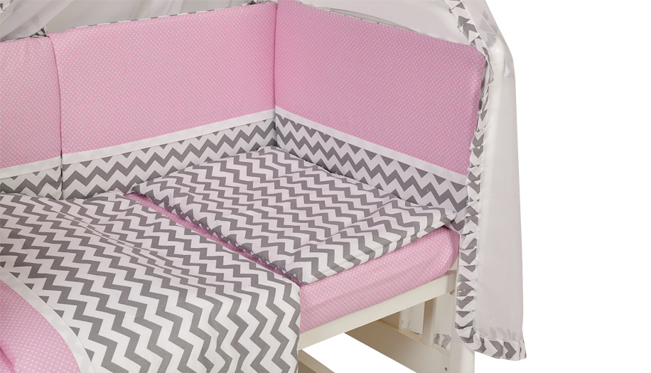 Комплект в кроватку Polini kids Зигзаг 7 предметов, 120х60, серо-розовый (Вид 2)