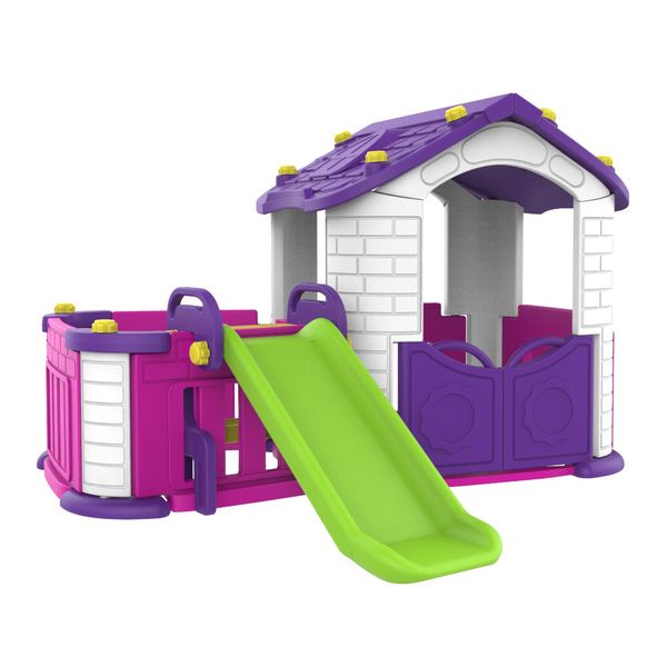 Игровой домик с забором и горкой, цвет фиолетовый