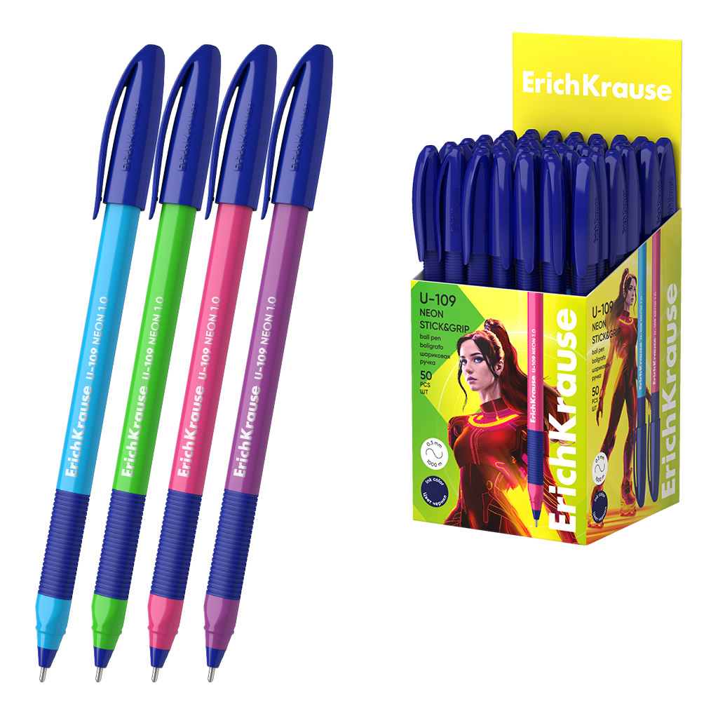 Ручка шарик синий U-109 Neon StickGrip 1.0, Ultra Glide Technology 47612 /Erich Krause/