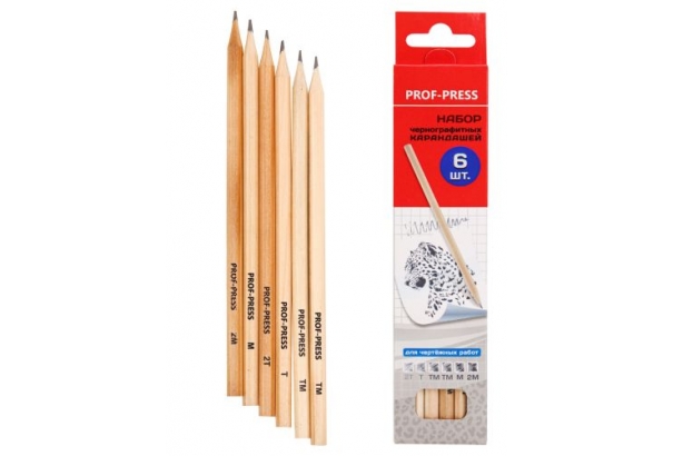 Набор деревянных чернографитных карандашей для черчения, 6 шт (КЧ-7576), 2Т, Т, М, 2М, ТМ, ТМ,крат24