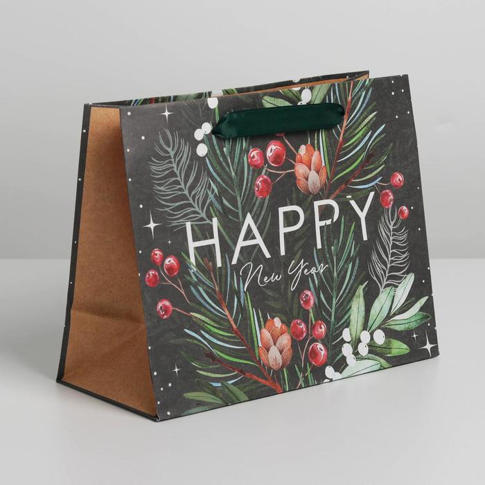 Пакет крафтовый горизонтальный «Happy New Year», MS 23 × 18 × 10 см   4865490