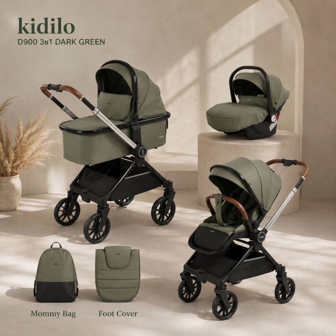 Коляска детская,цвет GREEN, арт.D901 3 в 1  kidilo (Вид 1)